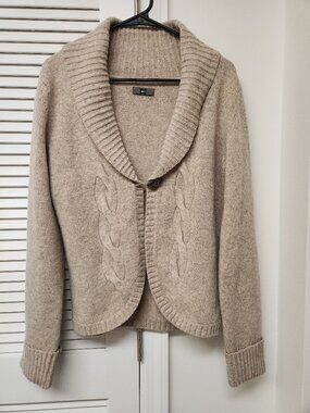 100% LambsWool REI Shawl Collar Sweater Cardigan Womens M Tan Gray Heather